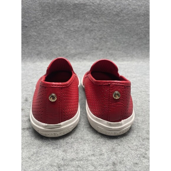Michael Kors Women US 7 Keaton Sneakers Red Perforated Leather Logo Slip on Shoe - Picture 3 of 8
